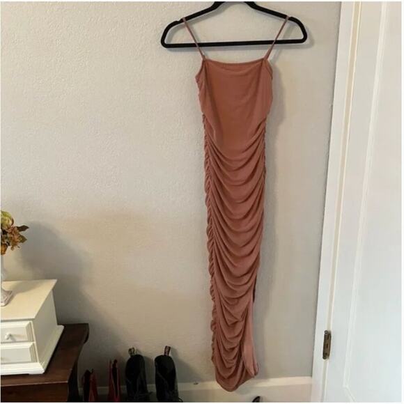 NBD Natasha Ruched Maxi Dress in Mocha - Picture 2 of 5
